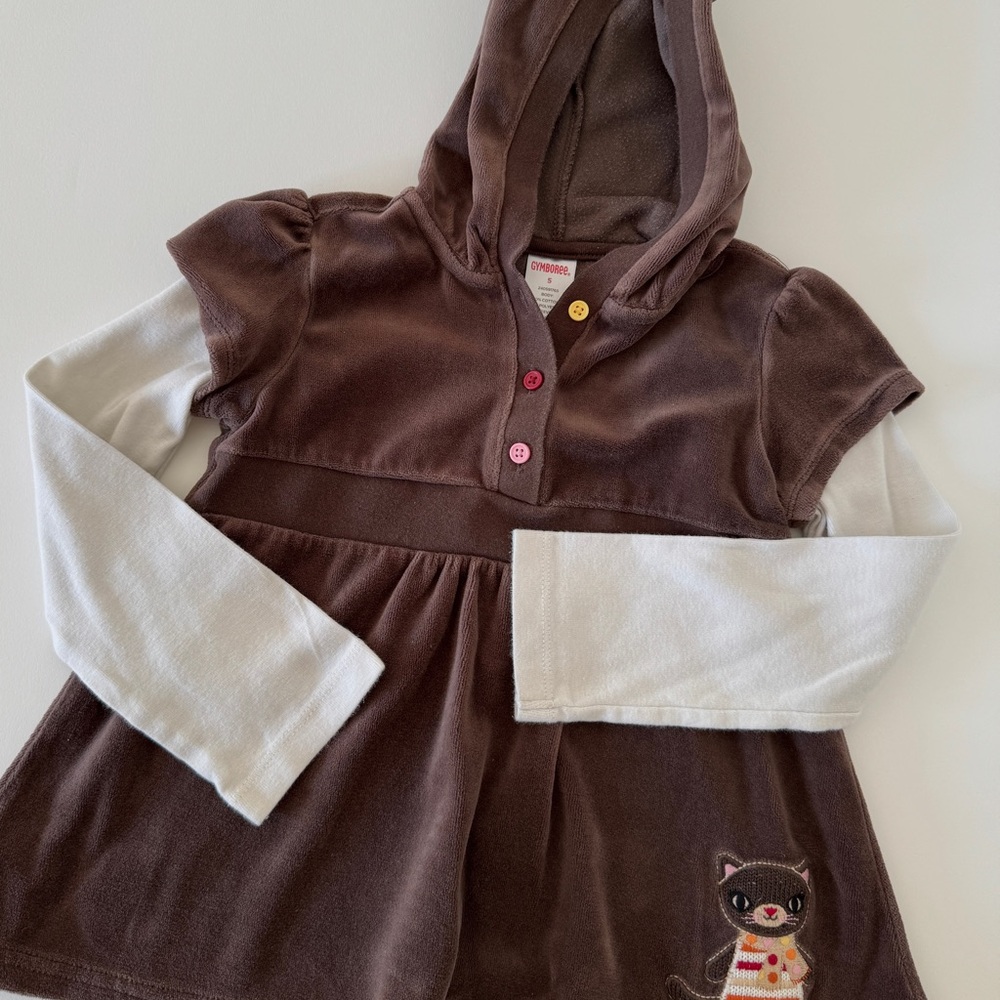 Brown and White Hooded velour top with Cat Patch